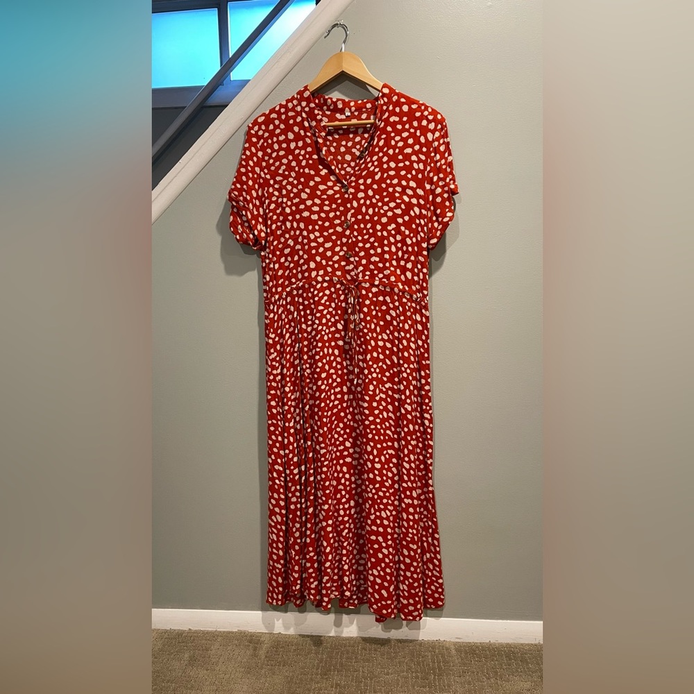 Red and white spotted midi dress